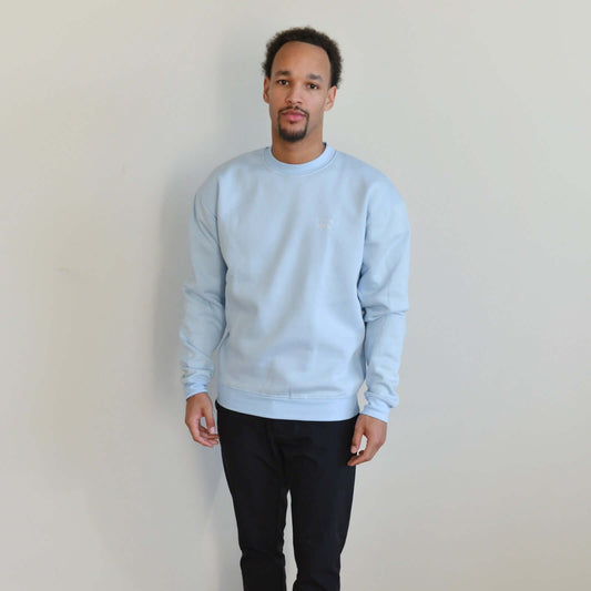 Light blue crewneck sweater, featuring a relaxed fit for cozy comfort and stylish casual wear.